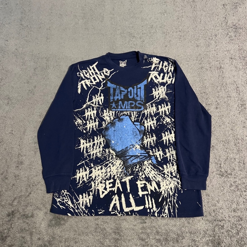 Vintage Y2K Tapout MPS Mens 2XL Blue Long Sleeve Thermal MMA Graphic Shirt